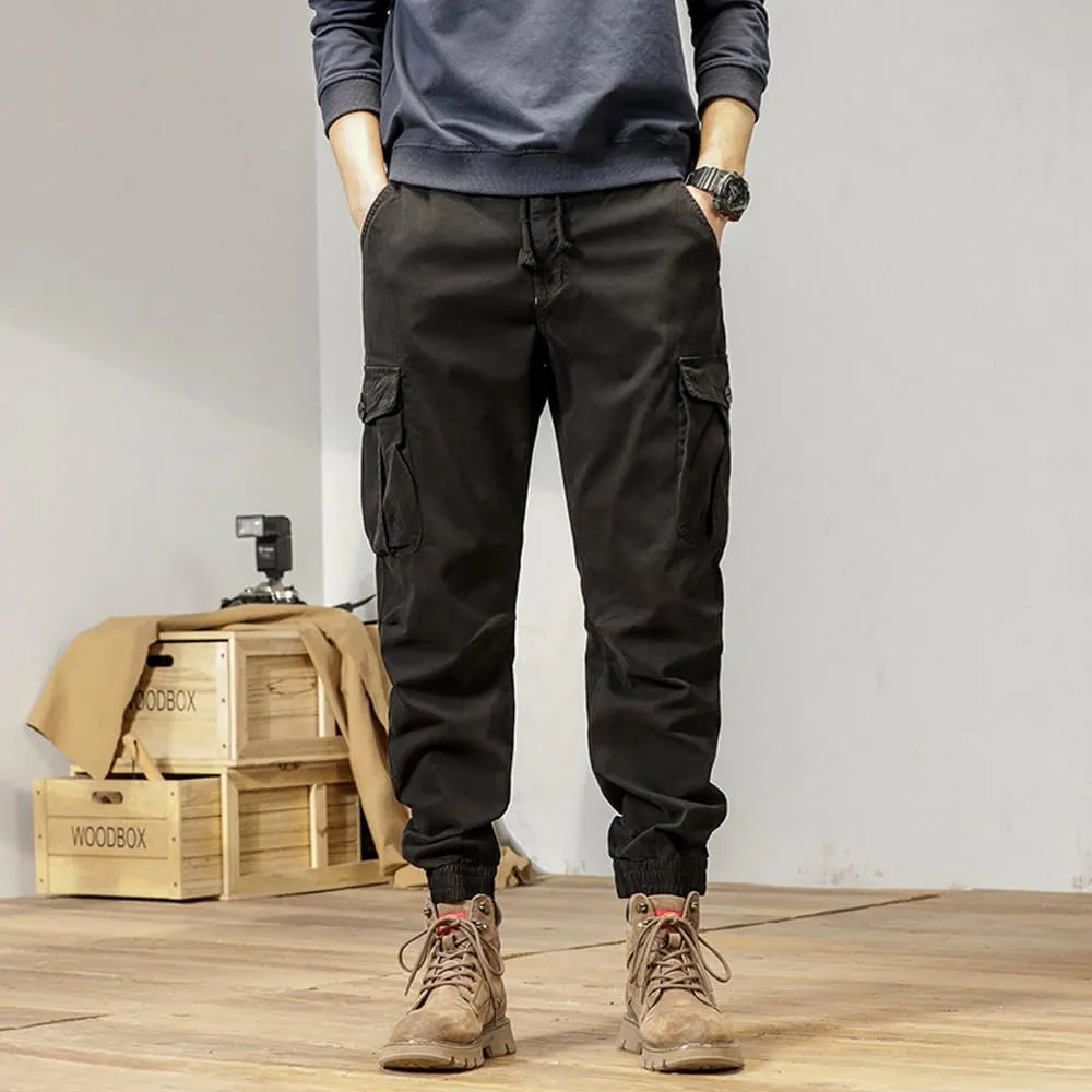 Men's Multi Pockets Cargo Pants Drawstring Cotton Regular Fit Military Pants