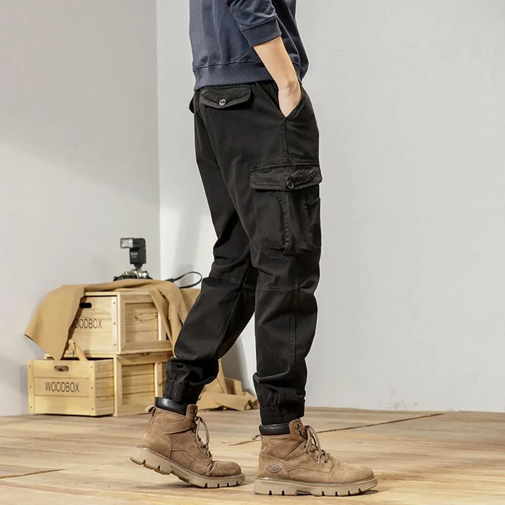 Men's Multi Pockets Cargo Pants Drawstring Cotton Regular Fit Military Pants