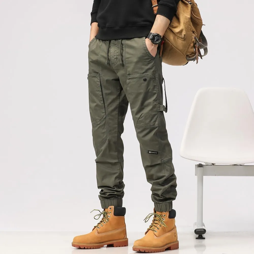 Men's Multi Pockets Tactical Cargo Pants Regular Fit Drawstring Cotton Work Trouser
