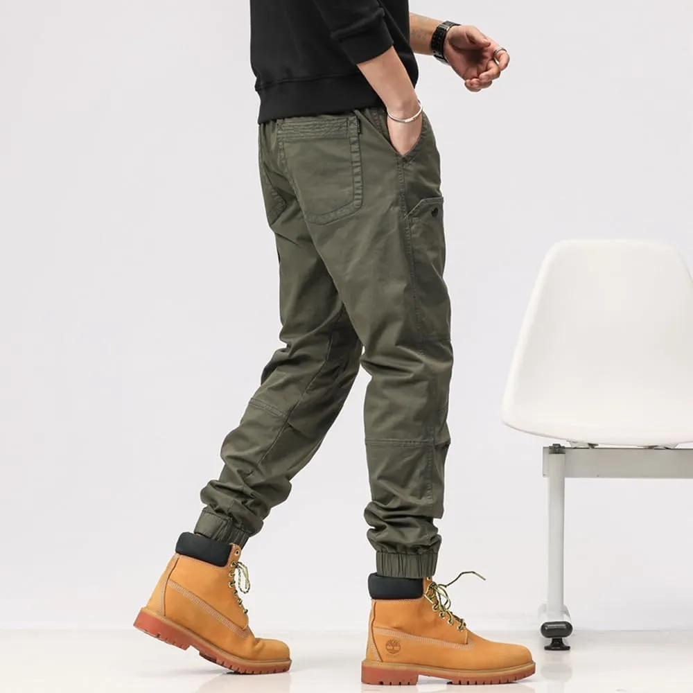 Men's Multi Pockets Tactical Cargo Pants Regular Fit Drawstring Cotton Work Trouser