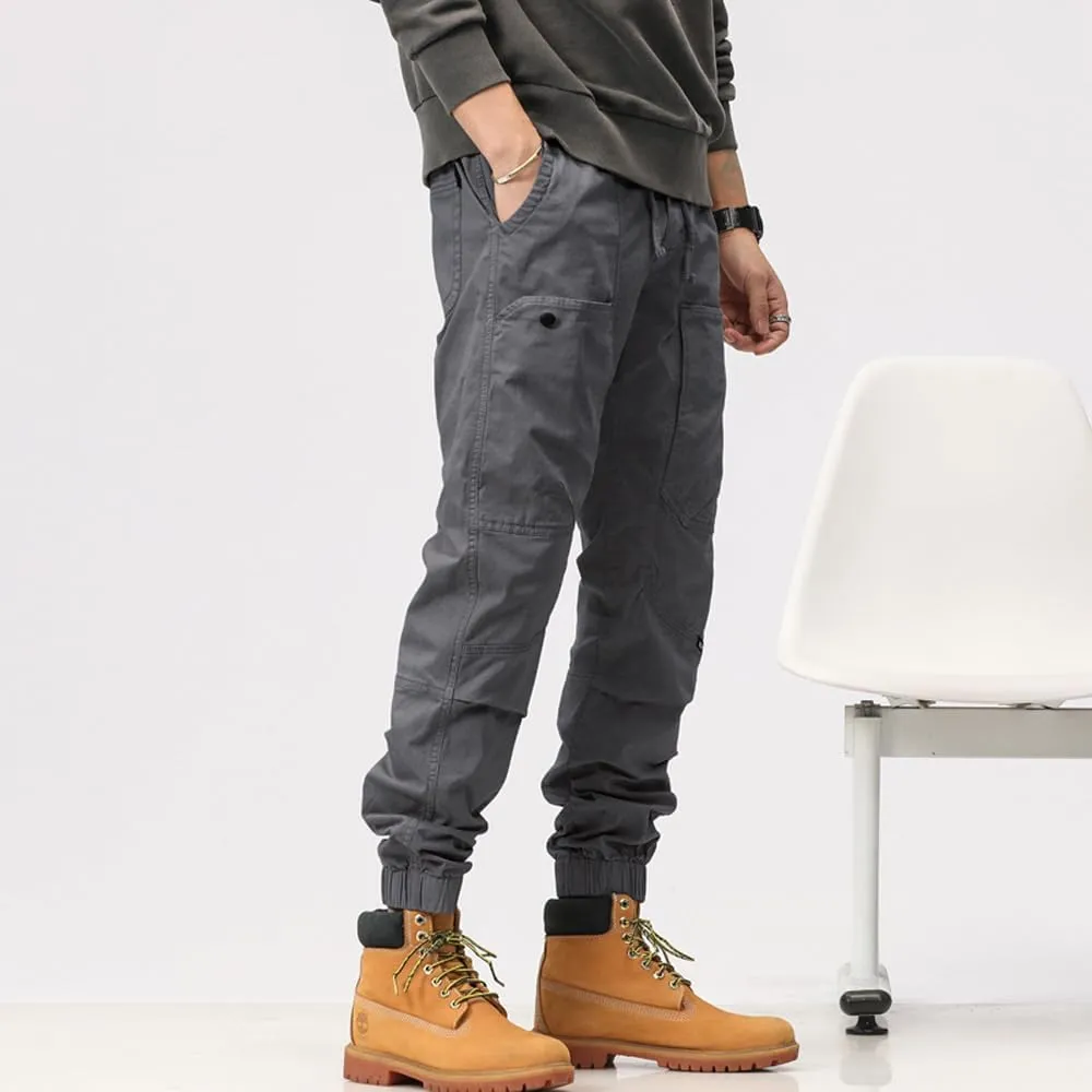 Men's Multi Pockets Tactical Cargo Pants Regular Fit Drawstring Cotton Work Trouser