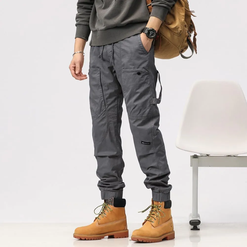 Men's Multi Pockets Tactical Cargo Pants Regular Fit Drawstring Cotton Work Trouser