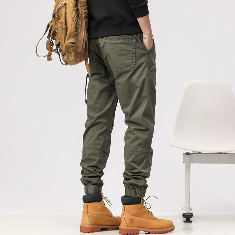 Men's Multi Pockets Tactical Cargo Pants Regular Fit Drawstring Cotton Work Trouser