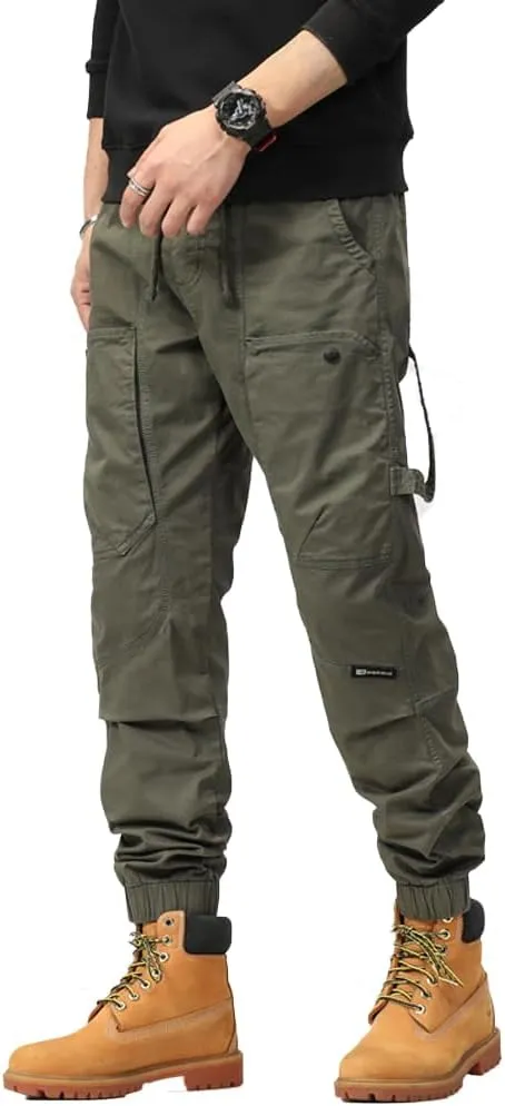 Men's Multi Pockets Tactical Cargo Pants Regular Fit Drawstring Cotton Work Trouser