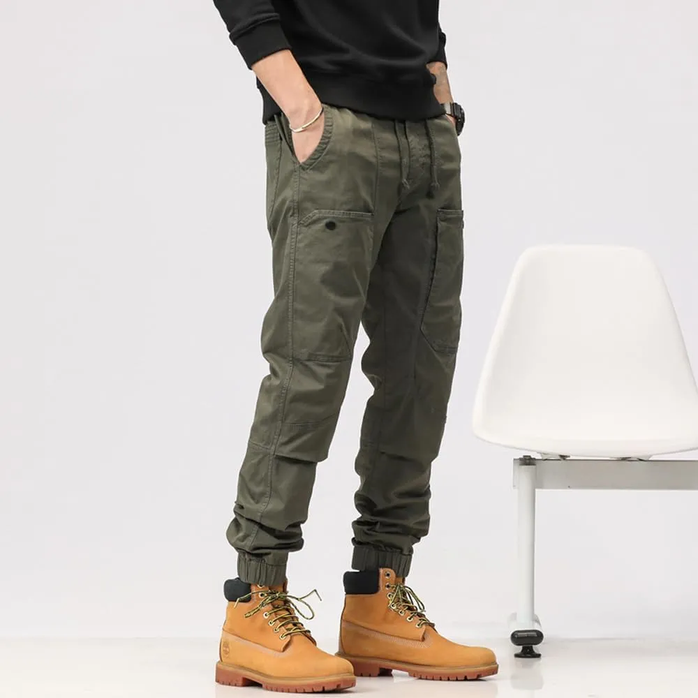 Men's Multi Pockets Tactical Cargo Pants Regular Fit Drawstring Cotton Work Trouser