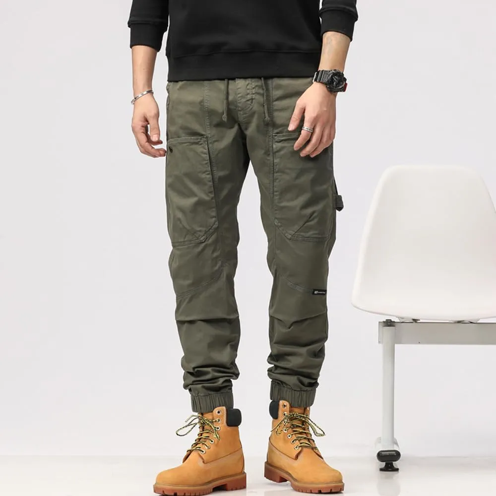 Men's Multi Pockets Tactical Cargo Pants Regular Fit Drawstring Cotton Work Trouser