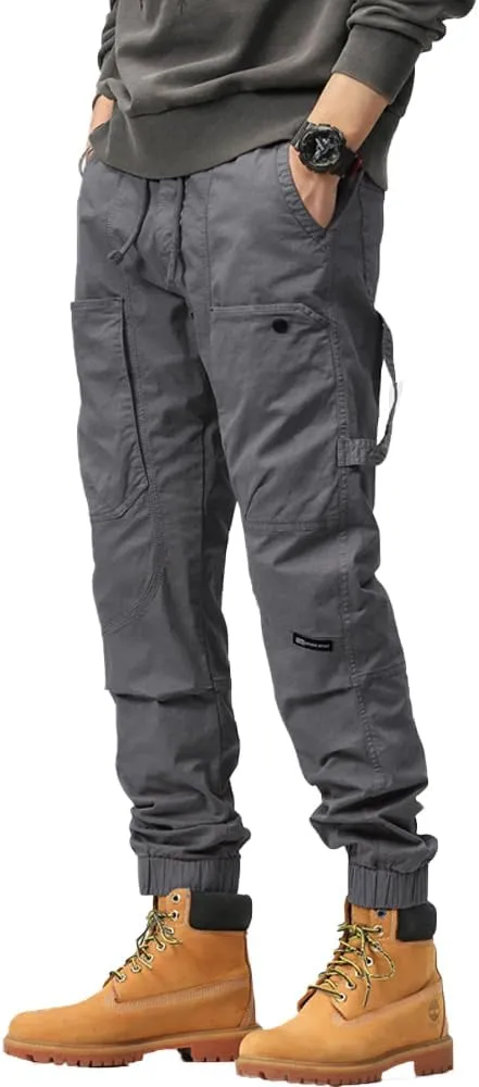Men's Multi Pockets Tactical Cargo Pants Regular Fit Drawstring Cotton Work Trouser
