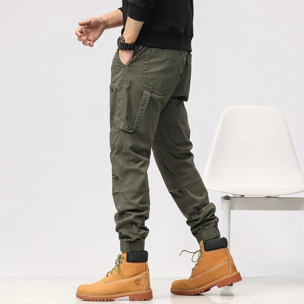 Men's Multi Pockets Tactical Cargo Pants Regular Fit Drawstring Cotton Work Trouser