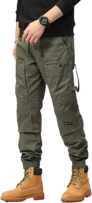 Men's Multi Pockets Tactical Cargo Pants Regular Fit Drawstring Cotton Work Trouser