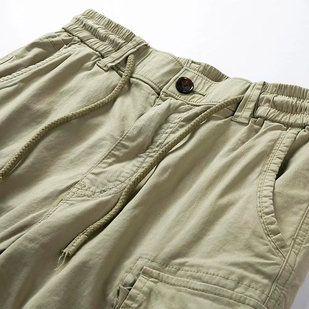 Men's Multi Pockets Tactical Cargo Shorts Summer Drawstring Cotton Regular Fit Work Shorts