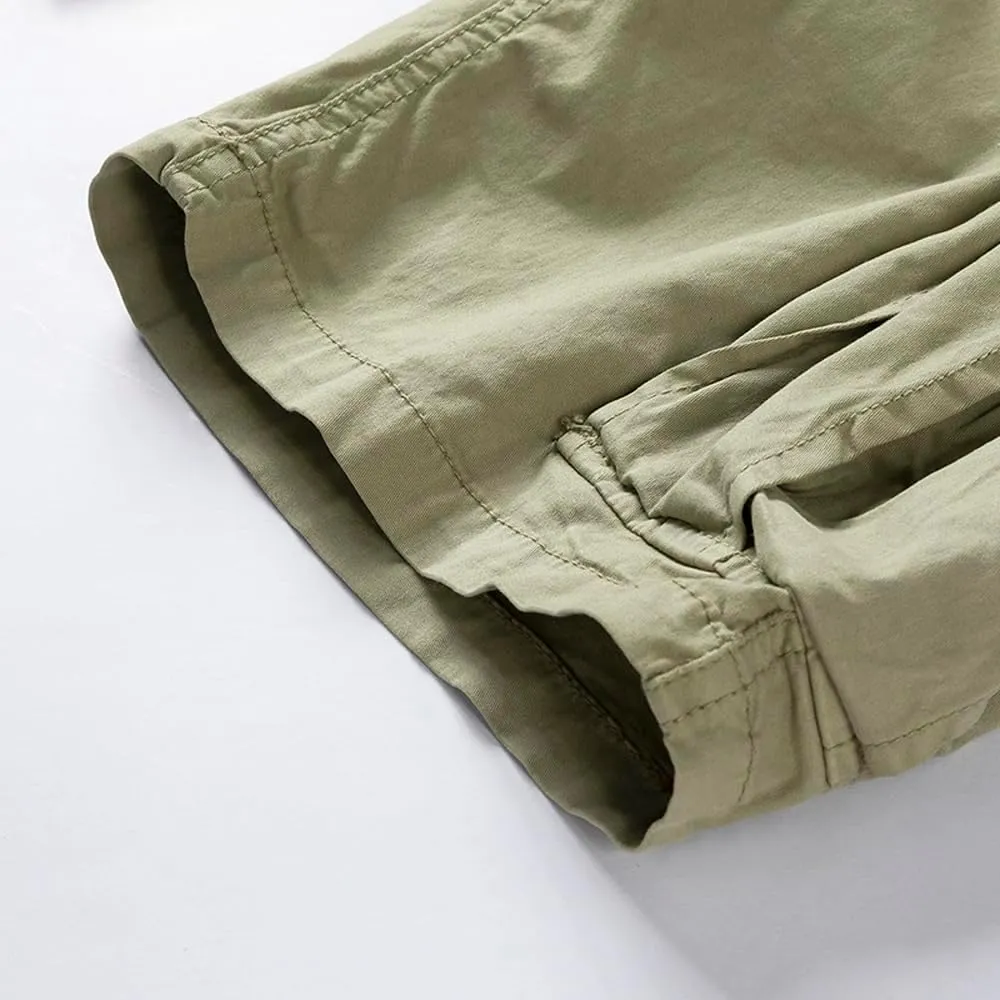 Men's Multi Pockets Tactical Cargo Shorts Summer Drawstring Cotton Regular Fit Work Shorts