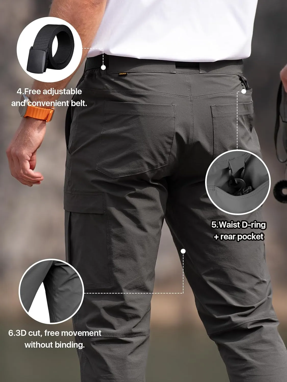 Men's Quick Dry Hiking Work Cargo Pants with Belt Lightweight Water-Resistant Stretch Pants for Fishing Outdoor Casual