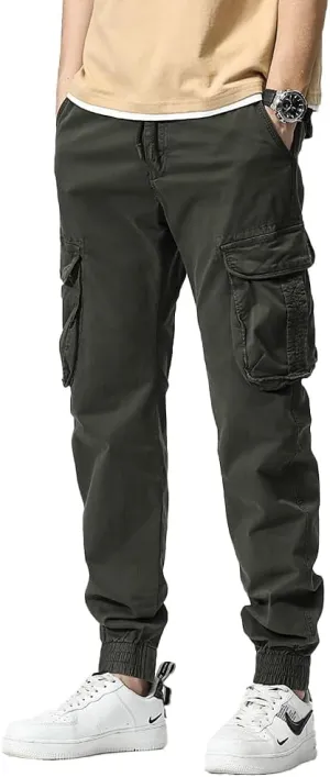 Men's Regular Fit Cargo Pants Drawstring Cotton Multi Pockets Military Pants