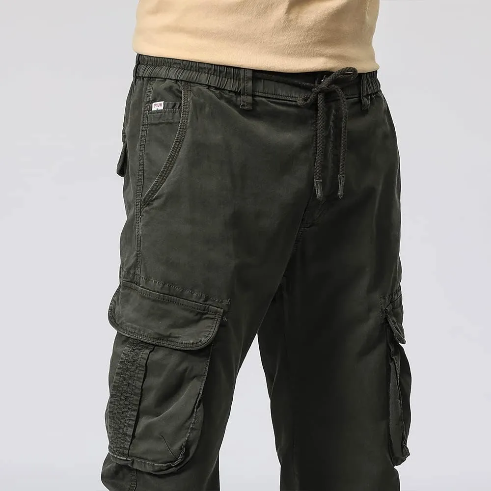 Men's Regular Fit Cargo Pants Drawstring Cotton Multi Pockets Military Pants