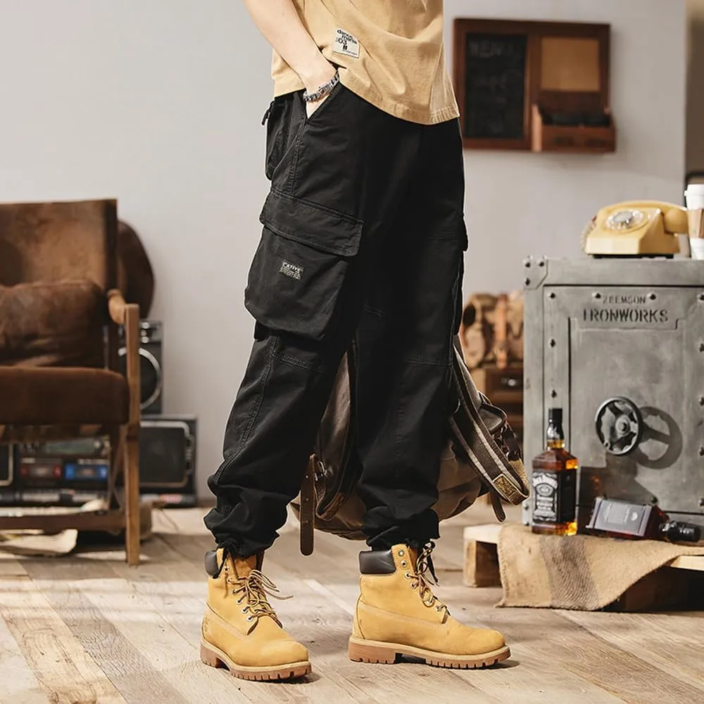 Men's Regular Fit Military Cargo Pants Outdoor Drawstring Cotton Multi Pockets Work Trousers