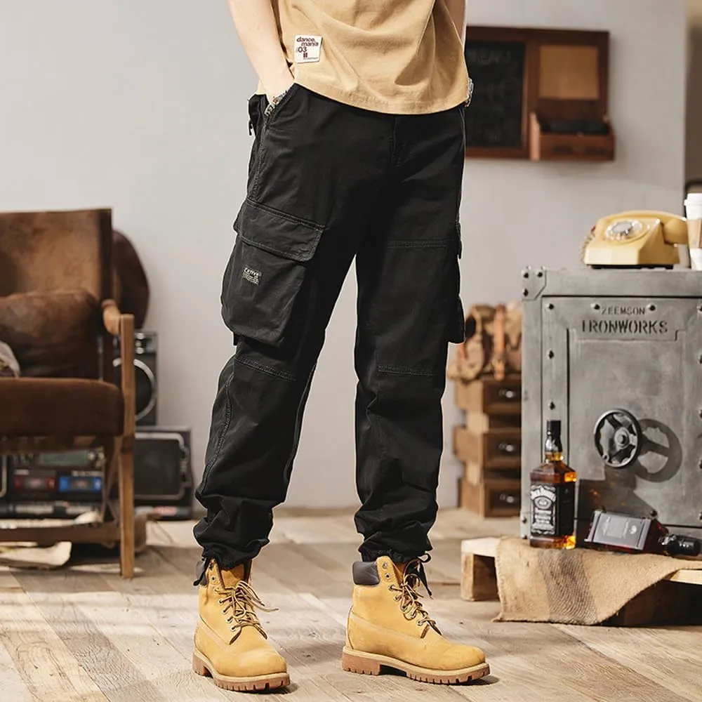 Men's Regular Fit Military Cargo Pants Outdoor Drawstring Cotton Multi Pockets Work Trousers
