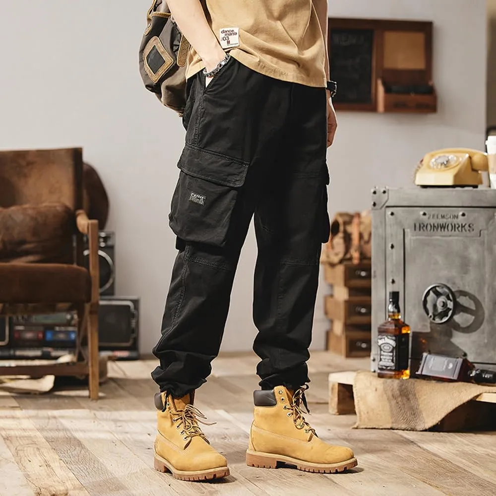 Men's Regular Fit Military Cargo Pants Outdoor Drawstring Cotton Multi Pockets Work Trousers