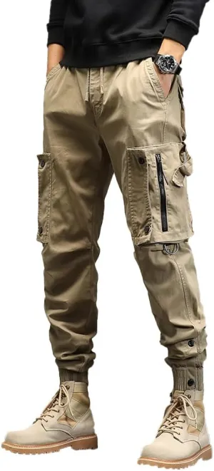 Men's Regular Fit Tactical Cargo Pants Drawstring Cotton 3D Pockets Work Pants