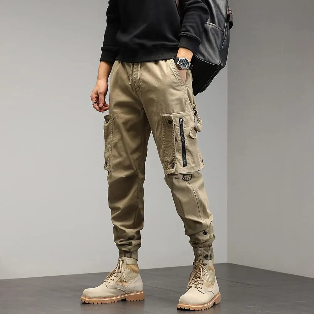 Men's Regular Fit Tactical Cargo Pants Drawstring Cotton 3D Pockets Work Pants