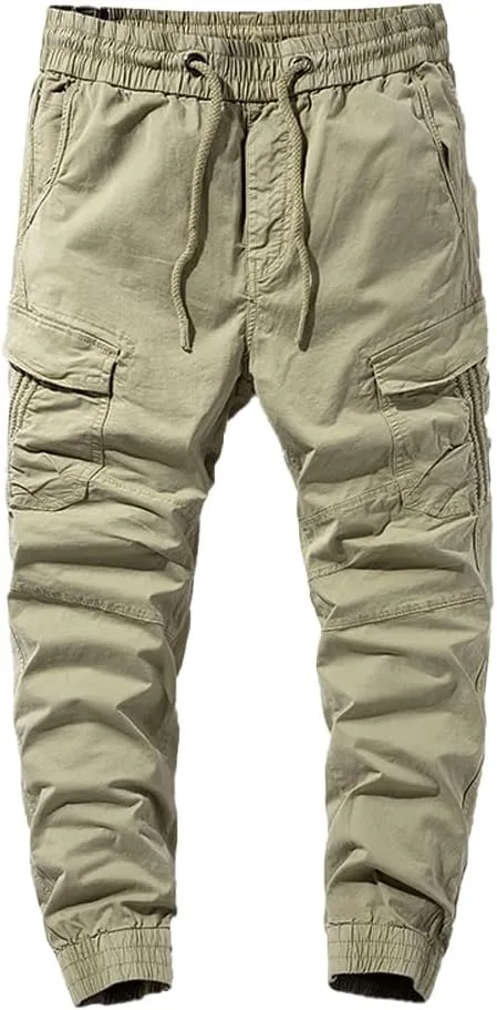 Men's Regular Fit Tactical Cargo Pants Multi Pockets Drawstring Cotton Military Trousers