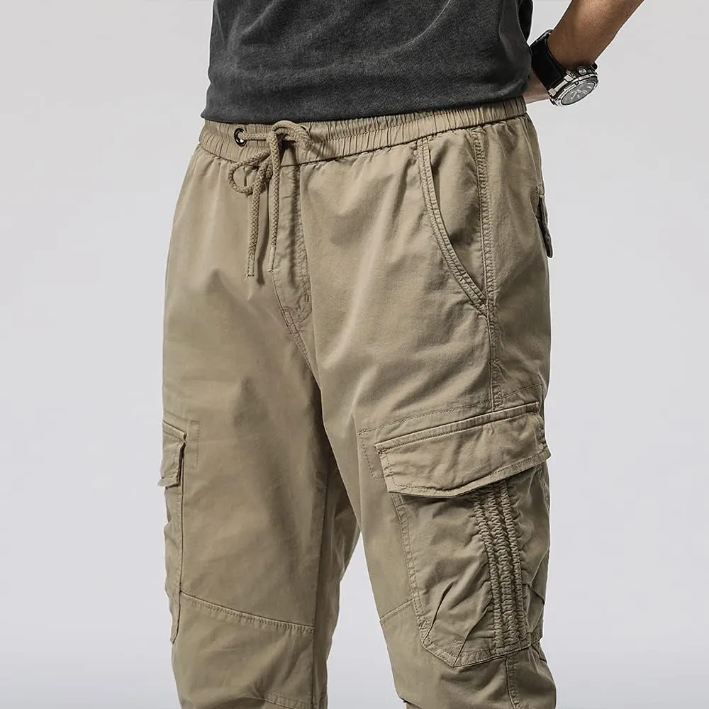 Men's Regular Fit Tactical Cargo Pants Multi Pockets Drawstring Cotton Military Trousers