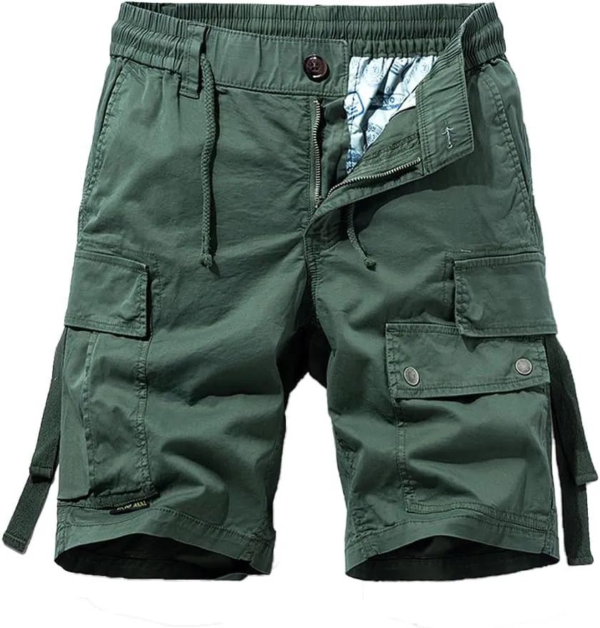 Men's Regular Fit Tactical Cargo Shorts Summer Drawstring Cotton Multi Pockets Work Shorts