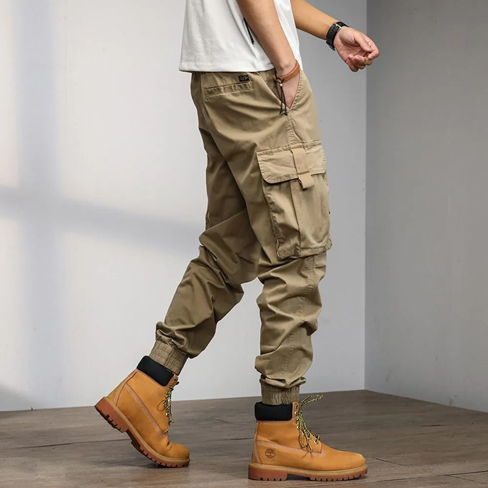 Men's Relaxed Fit Cargo Pants Drawstring Cotton Zipper Pockets Tactical Pants