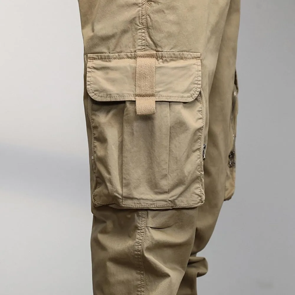 Men's Relaxed Fit Cargo Pants Drawstring Cotton Zipper Pockets Tactical Pants
