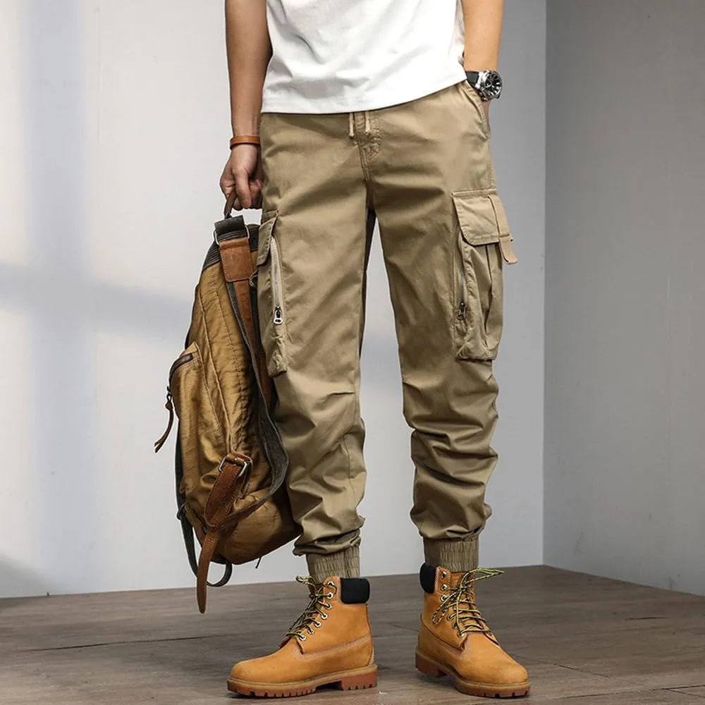Men's Relaxed Fit Cargo Pants Drawstring Cotton Zipper Pockets Tactical Pants