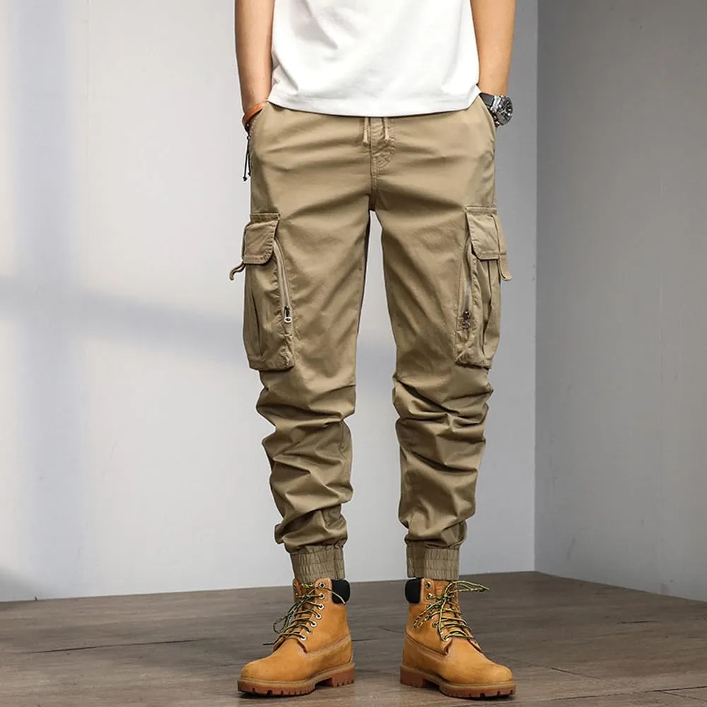 Men's Relaxed Fit Cargo Pants Drawstring Cotton Zipper Pockets Tactical Pants