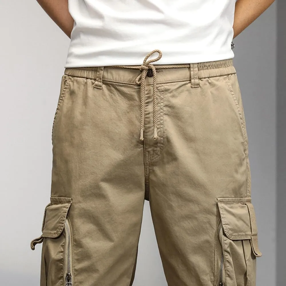 Men's Relaxed Fit Cargo Pants Drawstring Cotton Zipper Pockets Tactical Pants