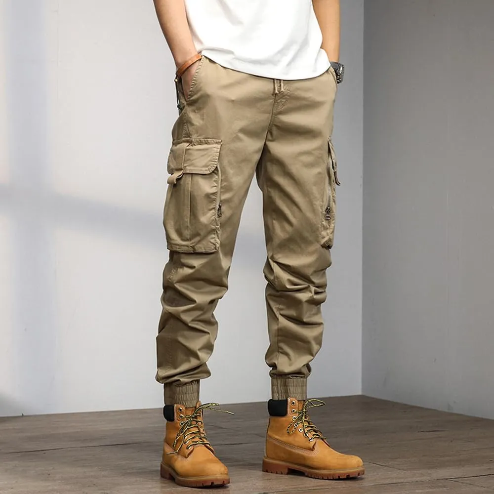 Men's Relaxed Fit Cargo Pants Drawstring Cotton Zipper Pockets Tactical Pants