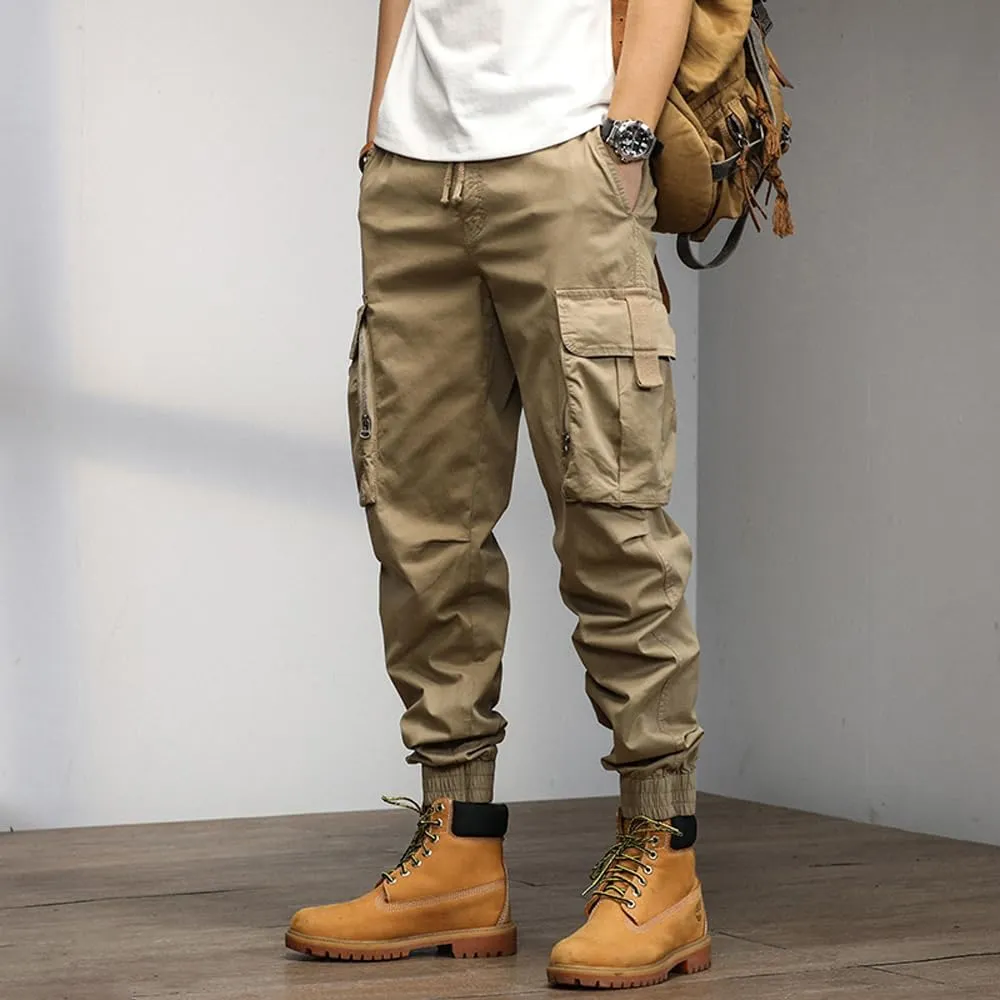 Men's Relaxed Fit Cargo Pants Drawstring Cotton Zipper Pockets Tactical Pants