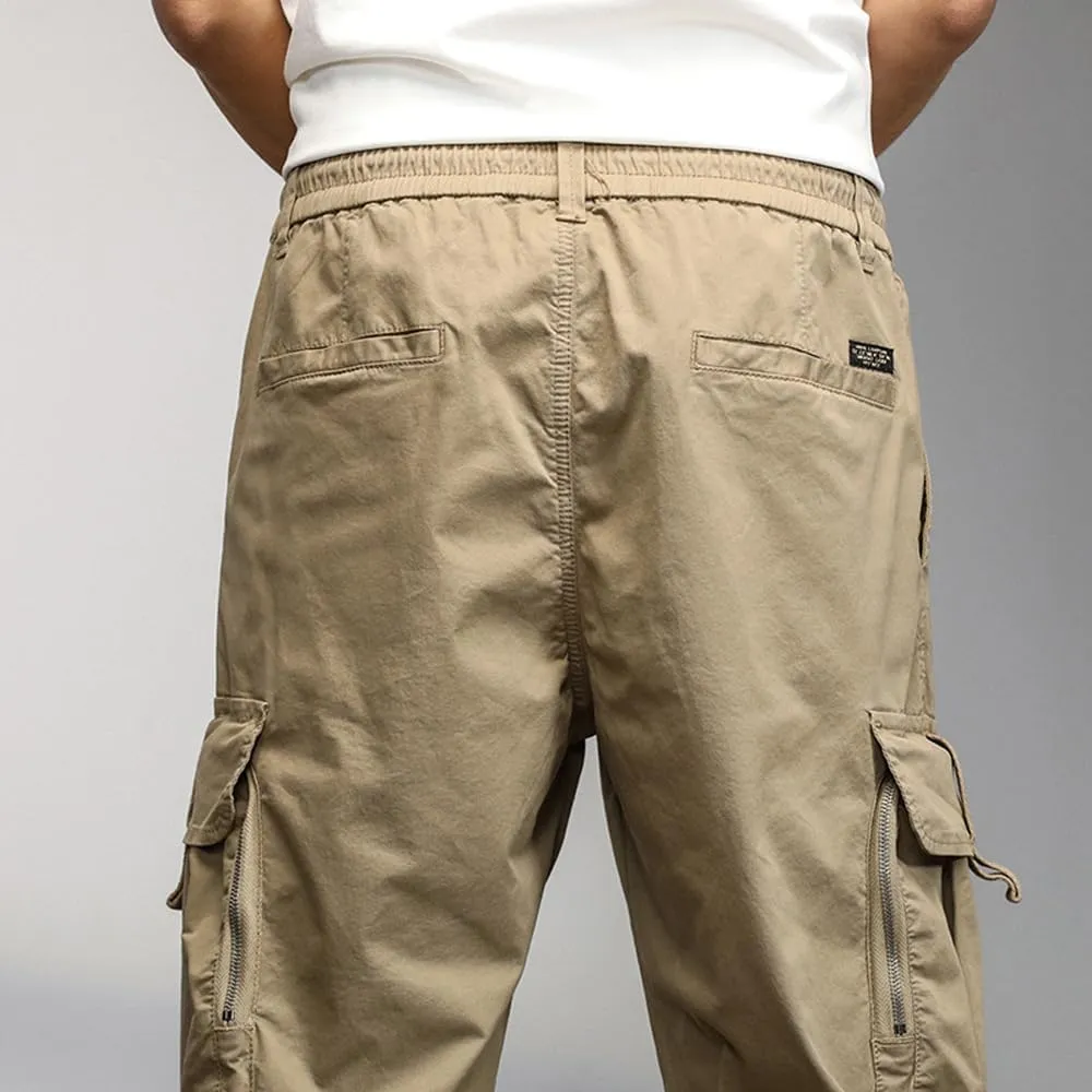 Men's Relaxed Fit Cargo Pants Drawstring Cotton Zipper Pockets Tactical Pants