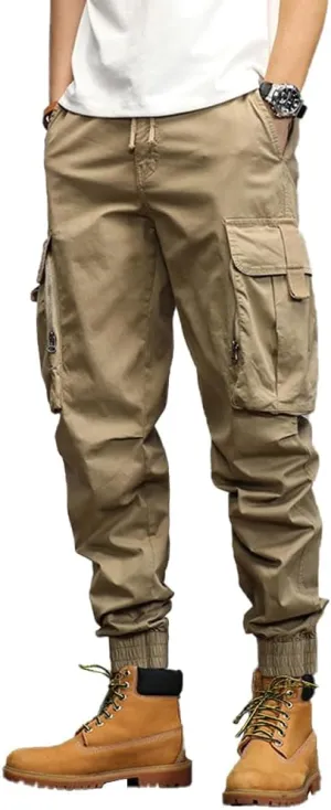 Men's Relaxed Fit Cargo Pants Drawstring Cotton Zipper Pockets Tactical Pants