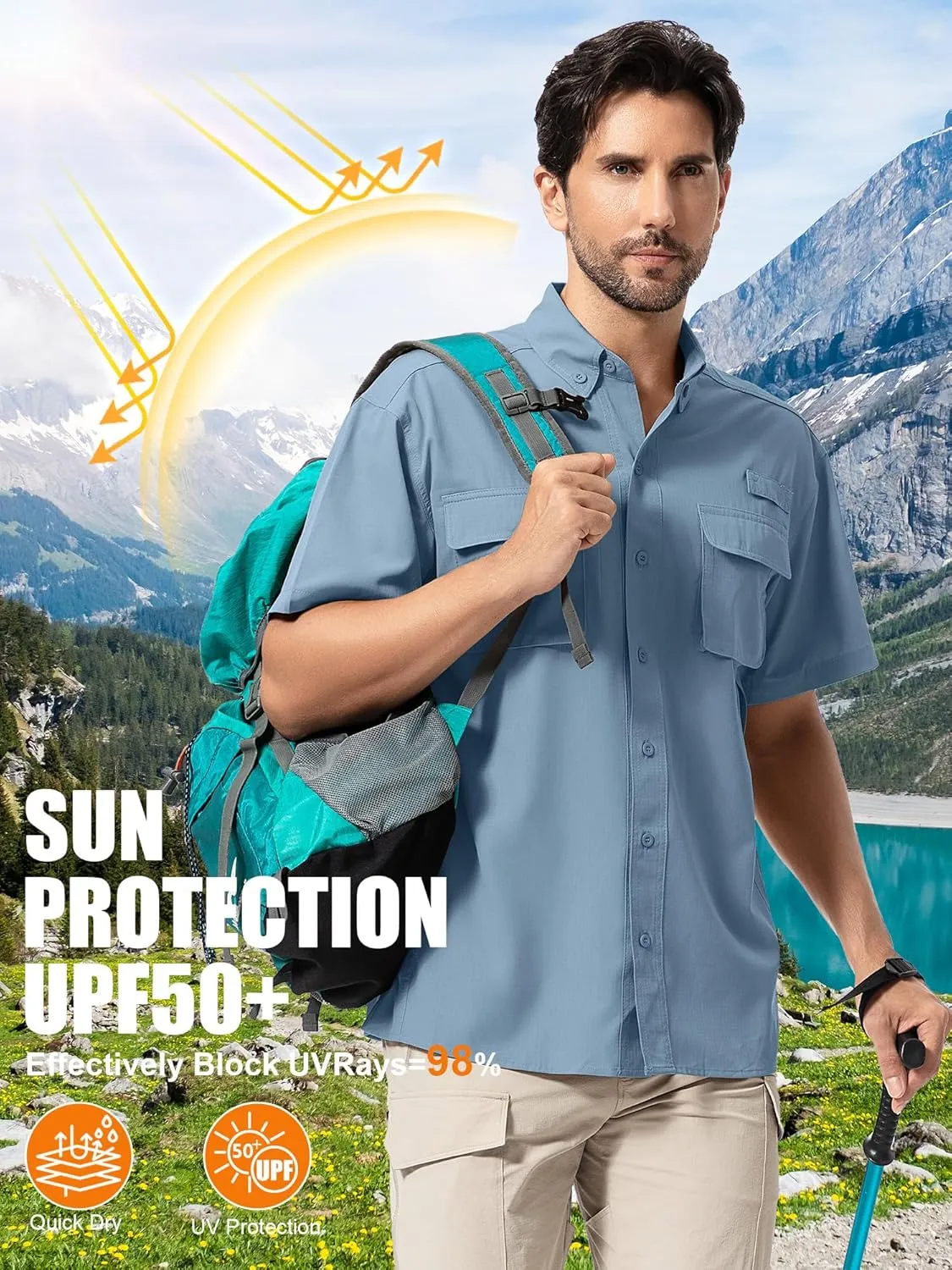 Mens UPF 50  Sun Protection Short Sleeve Quick Dry Fishing Safari Hiking Shirt with Zipper Pocket Lightweight Cooling