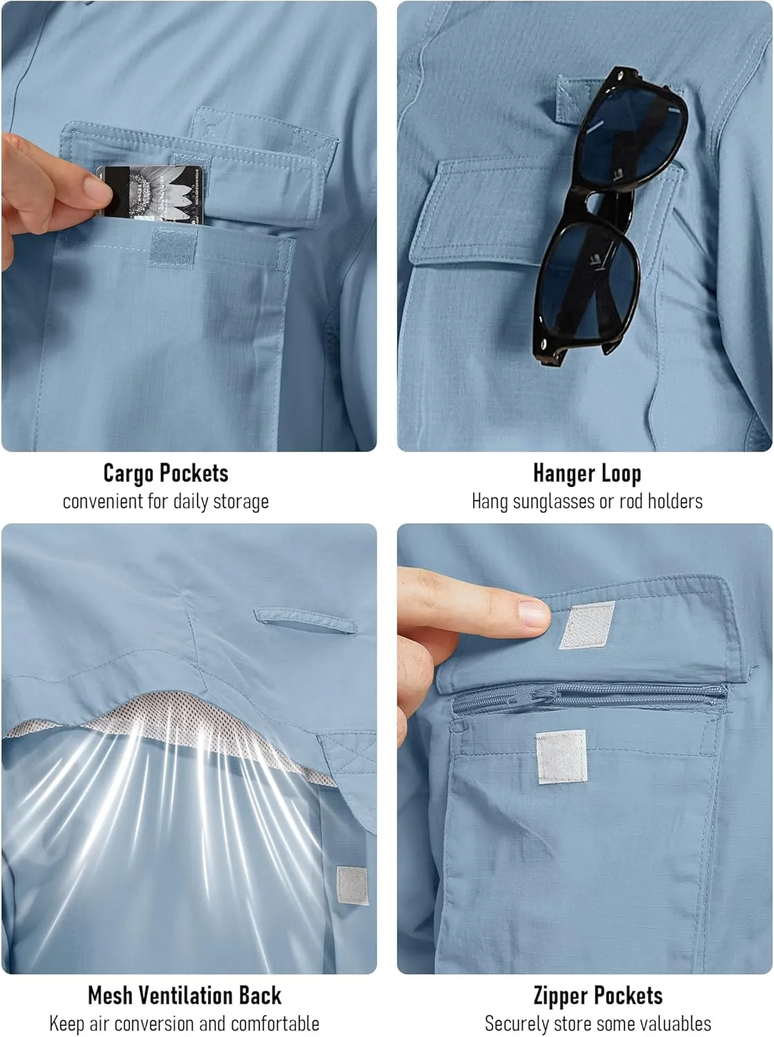 Mens UPF 50  Sun Protection Short Sleeve Quick Dry Fishing Safari Hiking Shirt with Zipper Pocket Lightweight Cooling