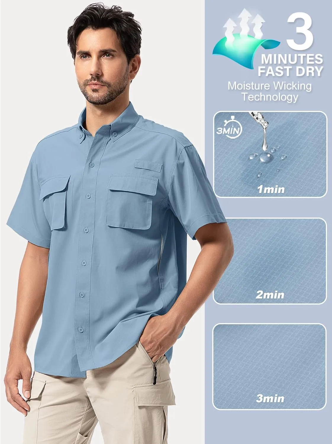 Mens UPF 50  Sun Protection Short Sleeve Quick Dry Fishing Safari Hiking Shirt with Zipper Pocket Lightweight Cooling