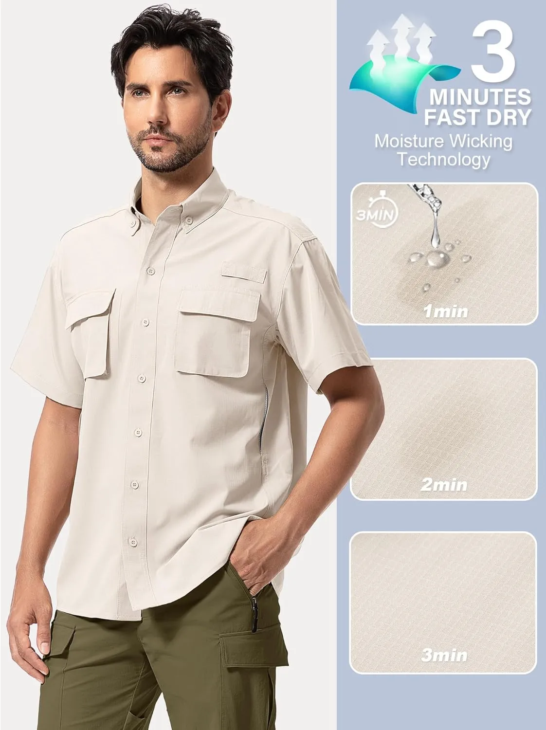 Mens UPF 50  Sun Protection Short Sleeve Quick Dry Fishing Safari Hiking Shirt with Zipper Pocket Lightweight Cooling