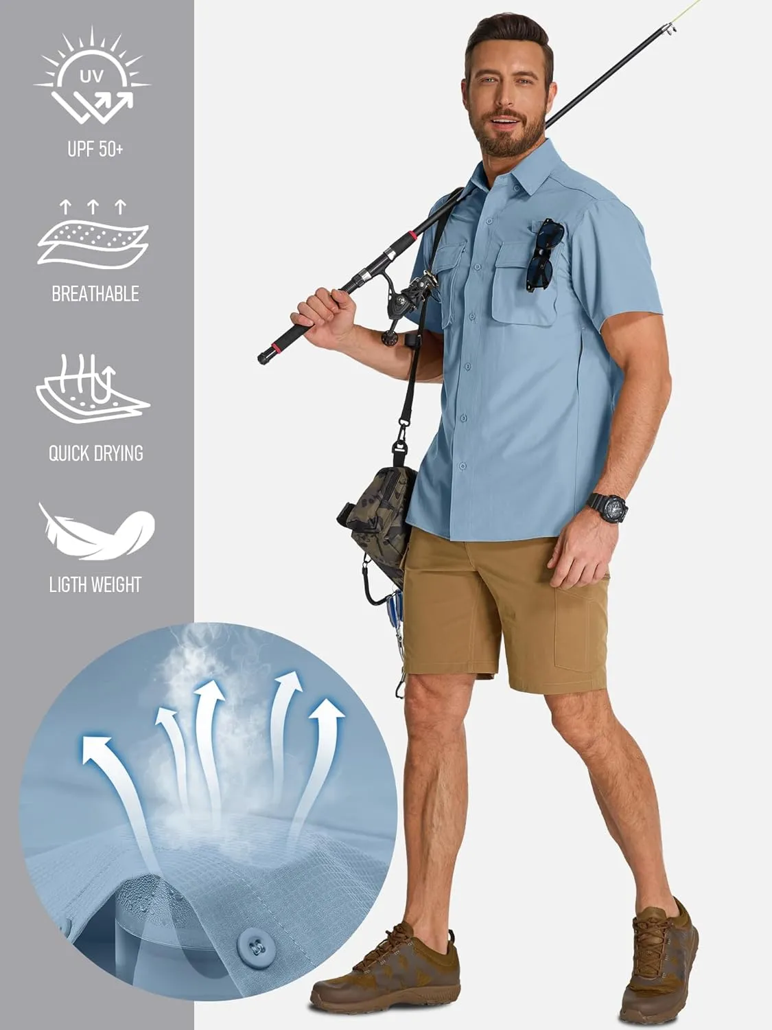 Mens UPF 50  Sun Protection Short Sleeve Quick Dry Fishing Safari Hiking Shirt with Zipper Pocket Lightweight Cooling