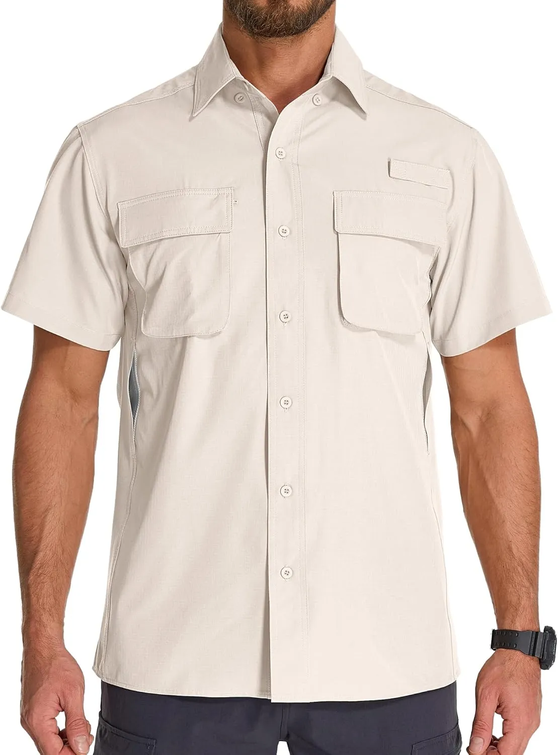 Mens UPF 50  Sun Protection Short Sleeve Quick Dry Fishing Safari Hiking Shirt with Zipper Pocket Lightweight Cooling