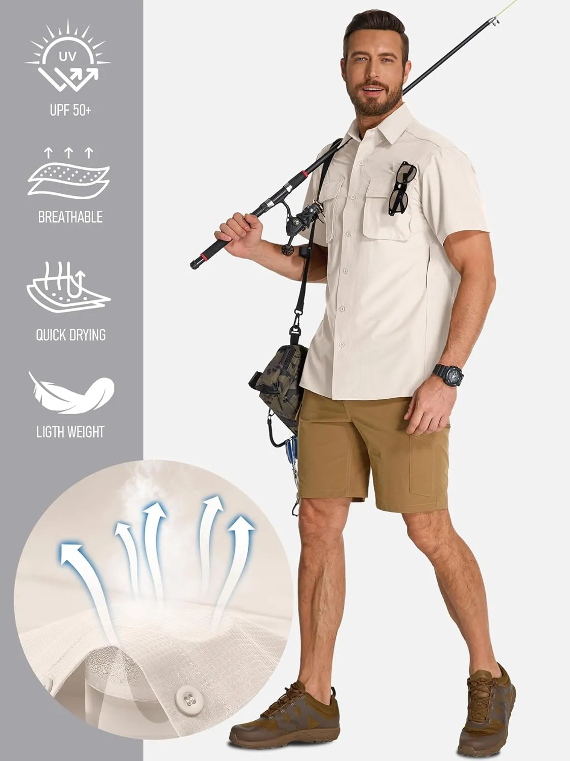 Mens UPF 50  Sun Protection Short Sleeve Quick Dry Fishing Safari Hiking Shirt with Zipper Pocket Lightweight Cooling