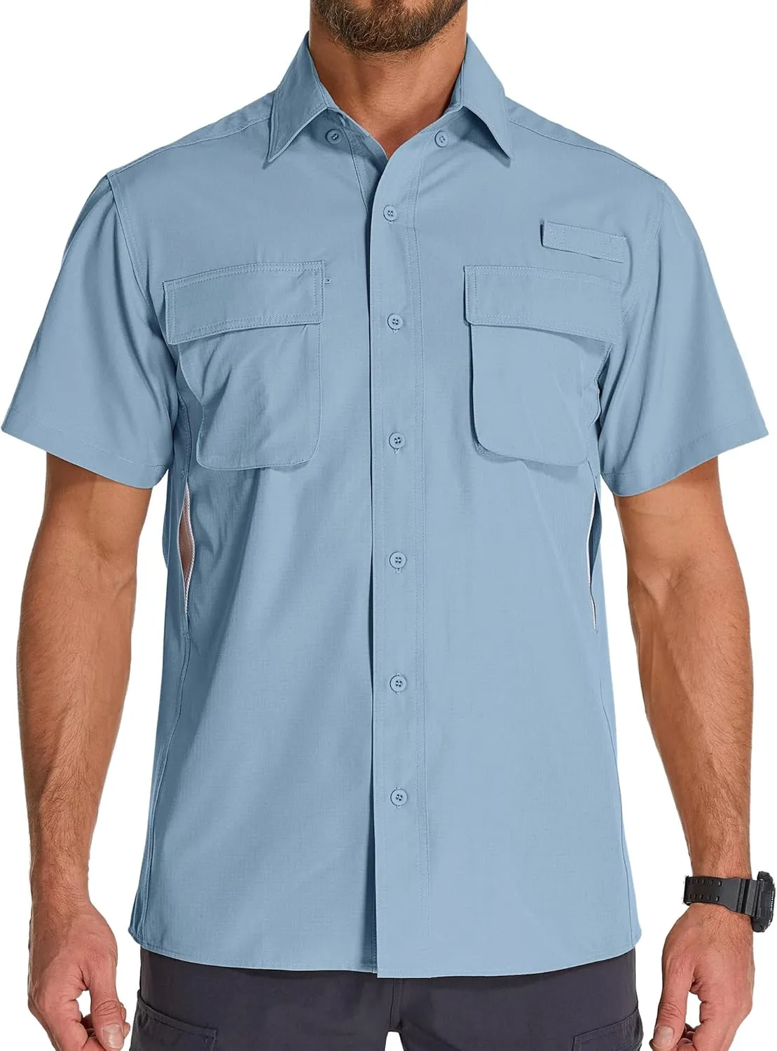 Mens UPF 50  Sun Protection Short Sleeve Quick Dry Fishing Safari Hiking Shirt with Zipper Pocket Lightweight Cooling