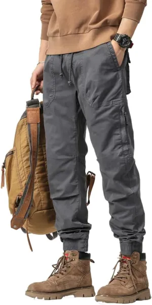 Men's Zipper Pockets Military Cargo Pants Regular Fit Drawstring Cotton Tactical Pants