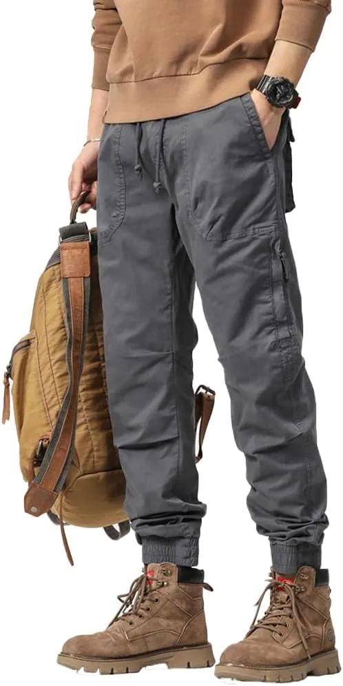 Men's Zipper Pockets Military Cargo Pants Regular Fit Drawstring Cotton Tactical Pants