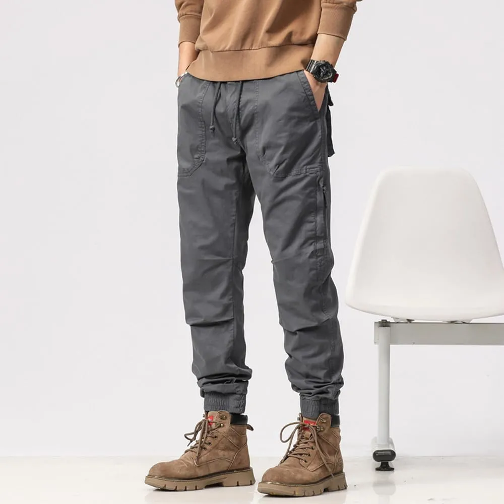 Men's Zipper Pockets Military Cargo Pants Regular Fit Drawstring Cotton Tactical Pants