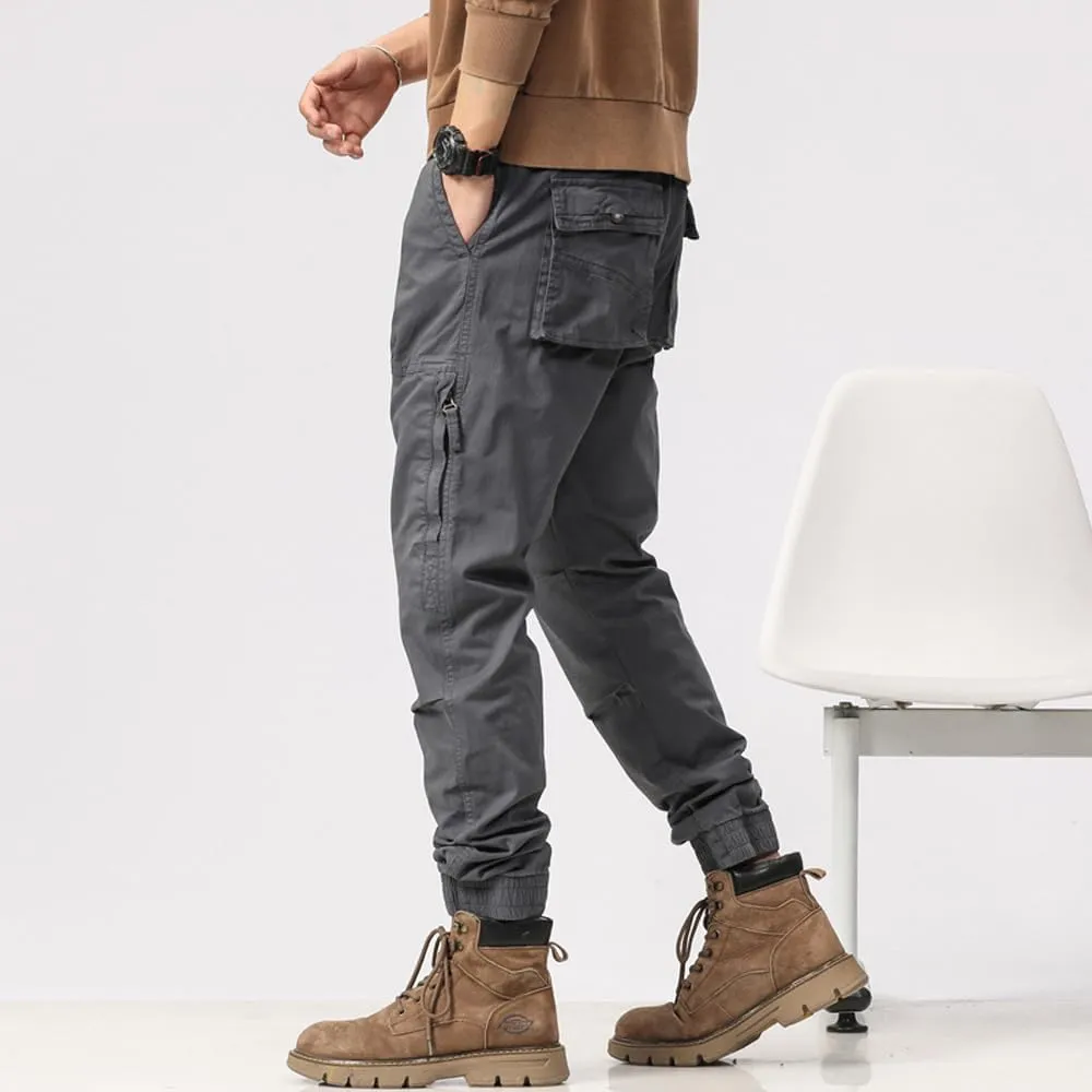 Men's Zipper Pockets Military Cargo Pants Regular Fit Drawstring Cotton Tactical Pants
