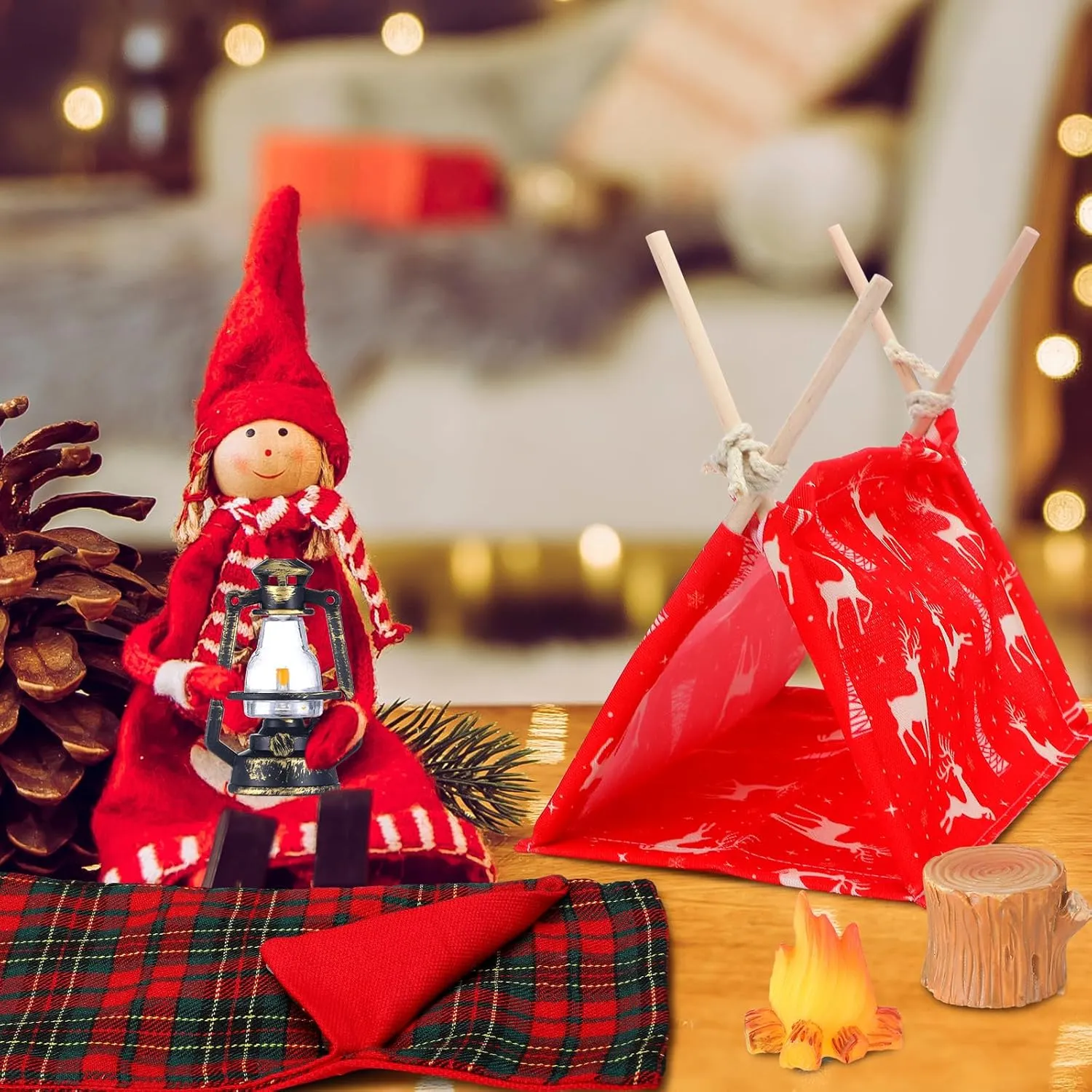 Meooeck 6 Pieces Christmas Accessories Set Including 2 Holiday Clothes Outfit, and 4 Novelty Toy Accessories for Kid(Camping)