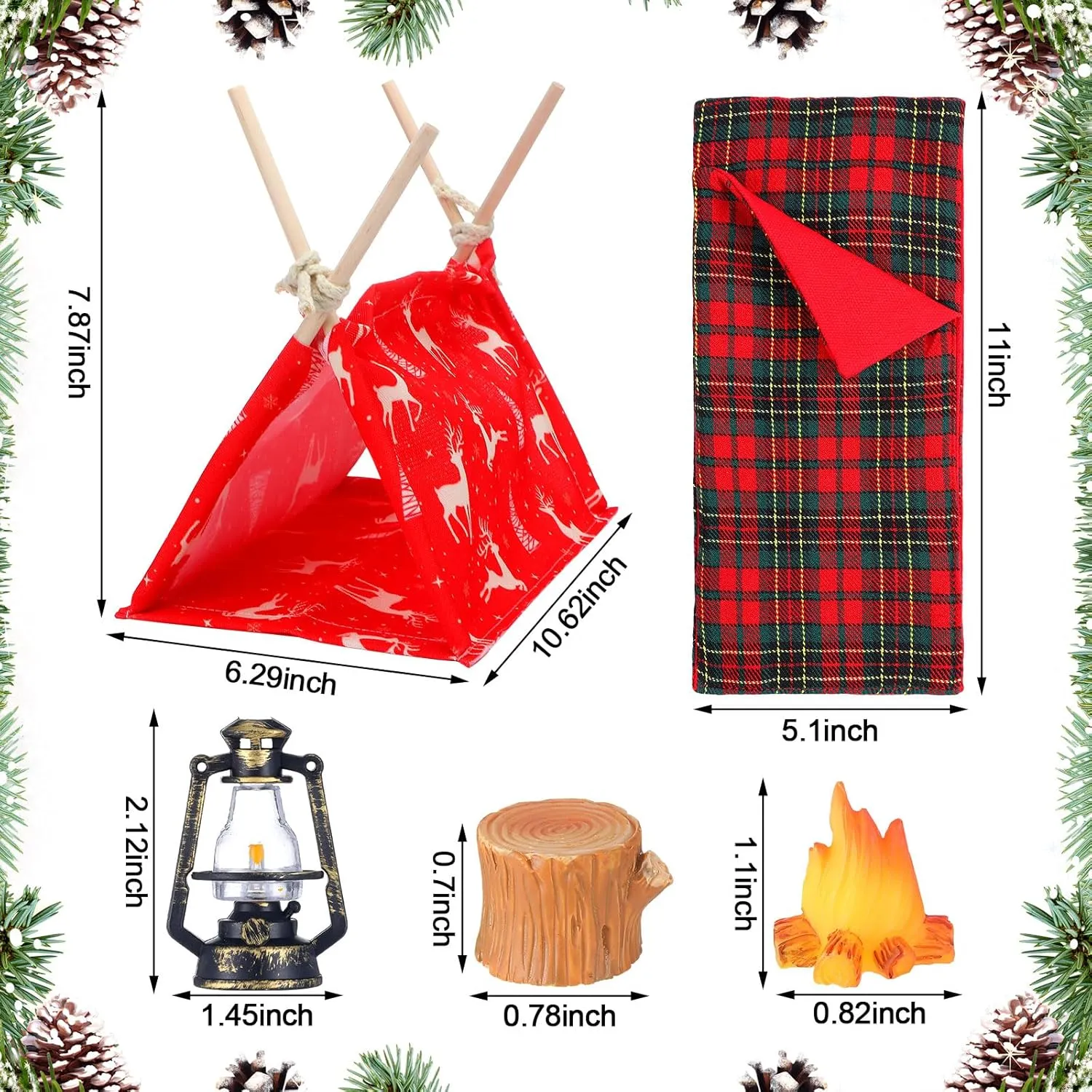 Meooeck 6 Pieces Christmas Accessories Set Including 2 Holiday Clothes Outfit, and 4 Novelty Toy Accessories for Kid(Camping)