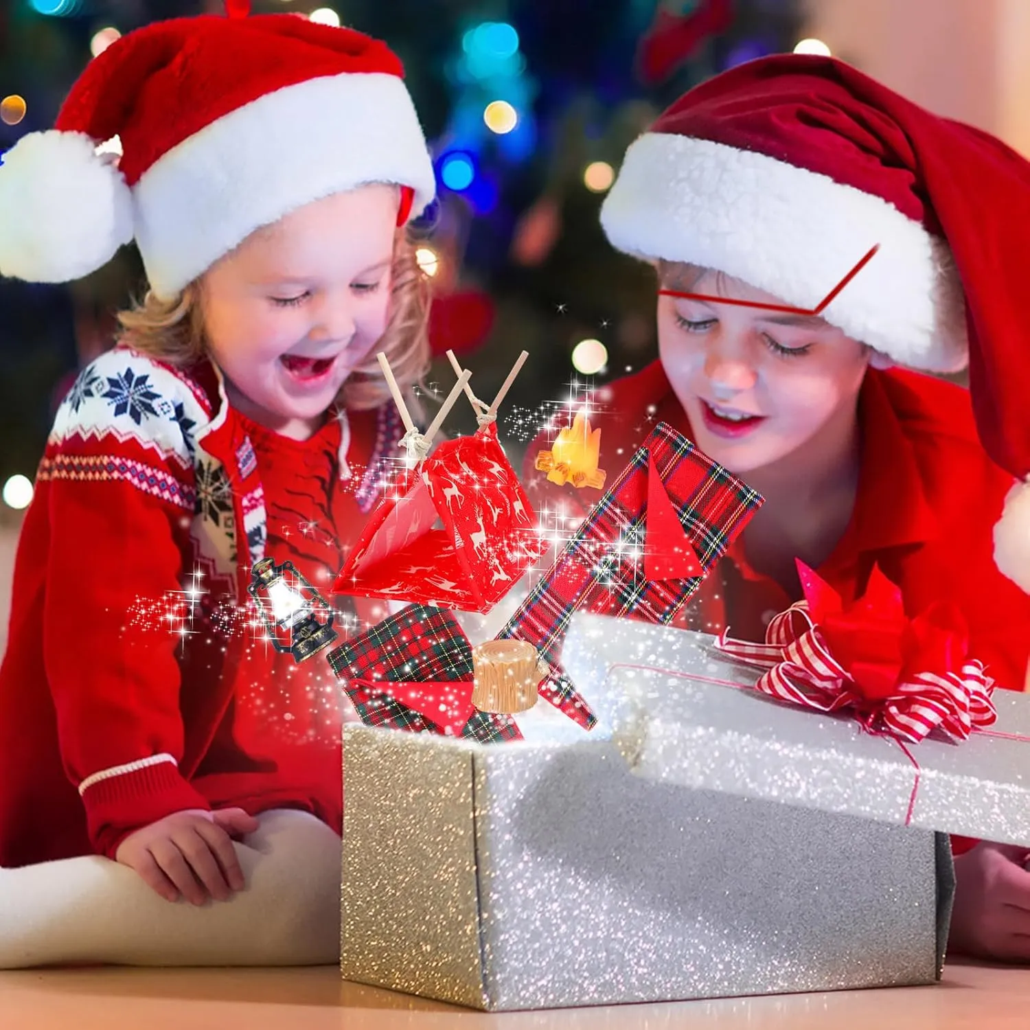 Meooeck 6 Pieces Christmas Accessories Set Including 2 Holiday Clothes Outfit, and 4 Novelty Toy Accessories for Kid(Camping)